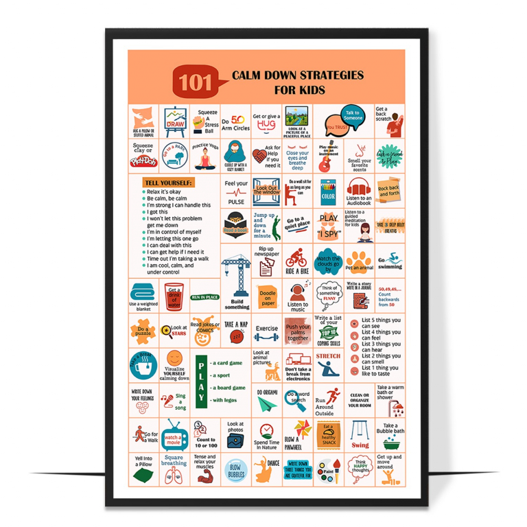 Calm down strategies poster — One hundred and one kid-friendly calm-down ideas laid out as