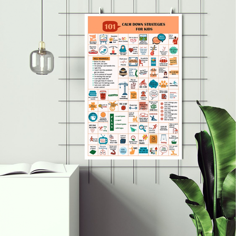 101 Calm-Down Strategies calm down strategies poster framed and displayed in a counseling office