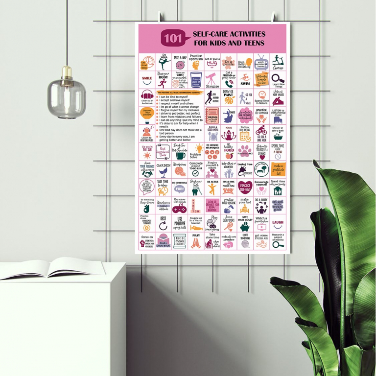 101 Self-Care Activities for Kids self-care activities for kids poster framed and displayed in a counseling office