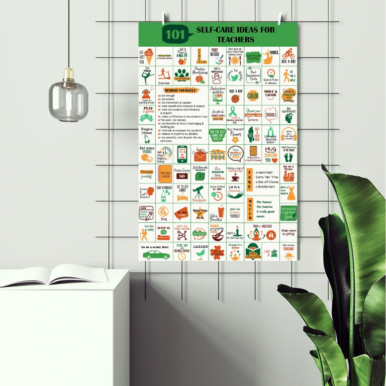 101 Self-Care Ideas for Teachers self-care for teachers poster framed and displayed in a counseling office