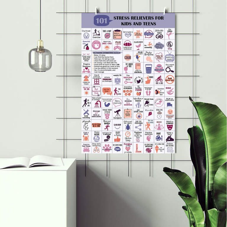 101 Stress Relievers stress relievers poster framed and displayed in a counseling office