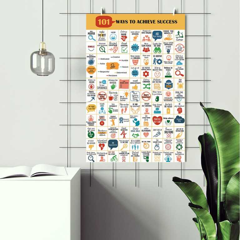 101 Ways to Achieve Success print arranged as a framed gallery wall