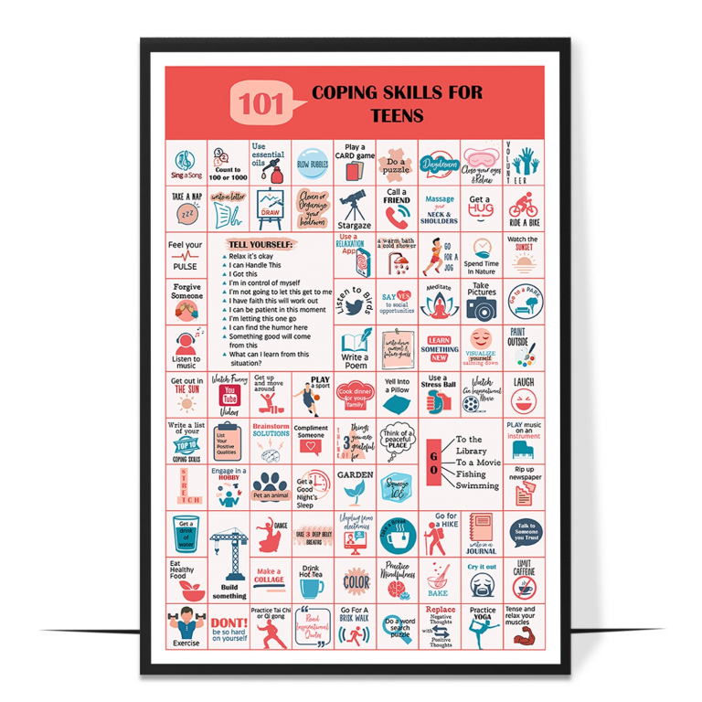 Coping skills poster for teens — One hundred and one coping options framed for teenagers, gro