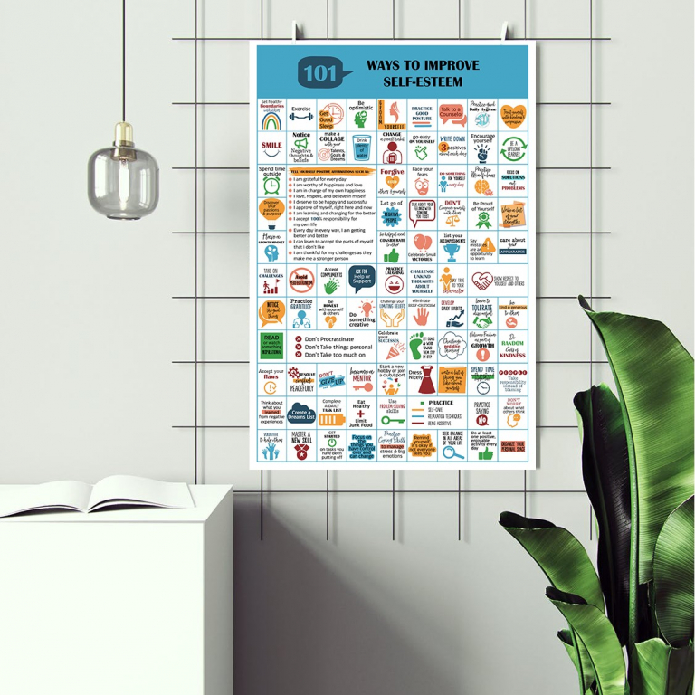 101 Ways to Improve Self-Esteem improve self-esteem poster framed and displayed in a counseling office