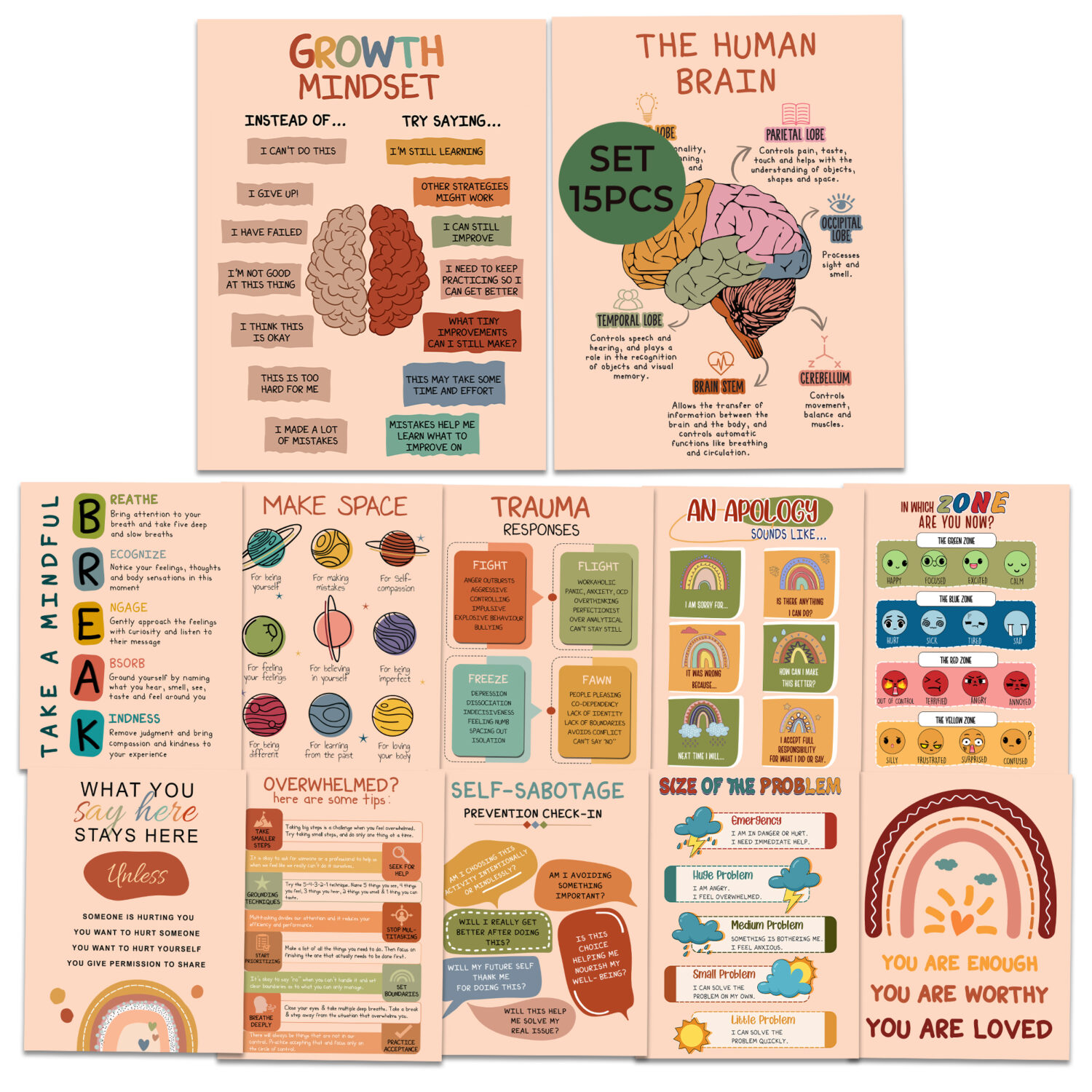 15Pcs Boho Mental Health Therapy Poster