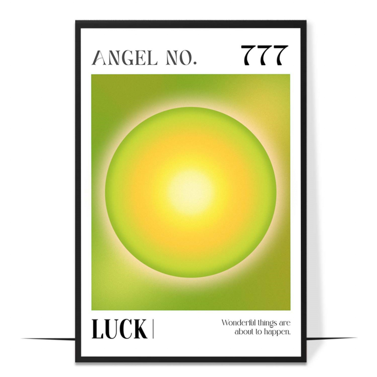 777 Luck hand-drawn aura print — A luminous aura halo lifts the number 777, bri