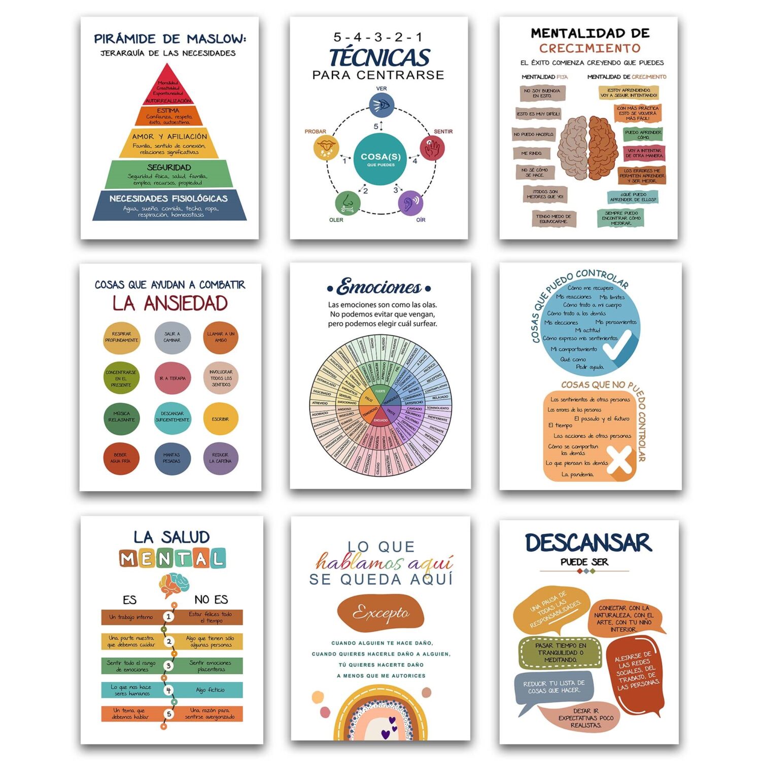 9Pcs Spanish Mental Health Therapy Poster