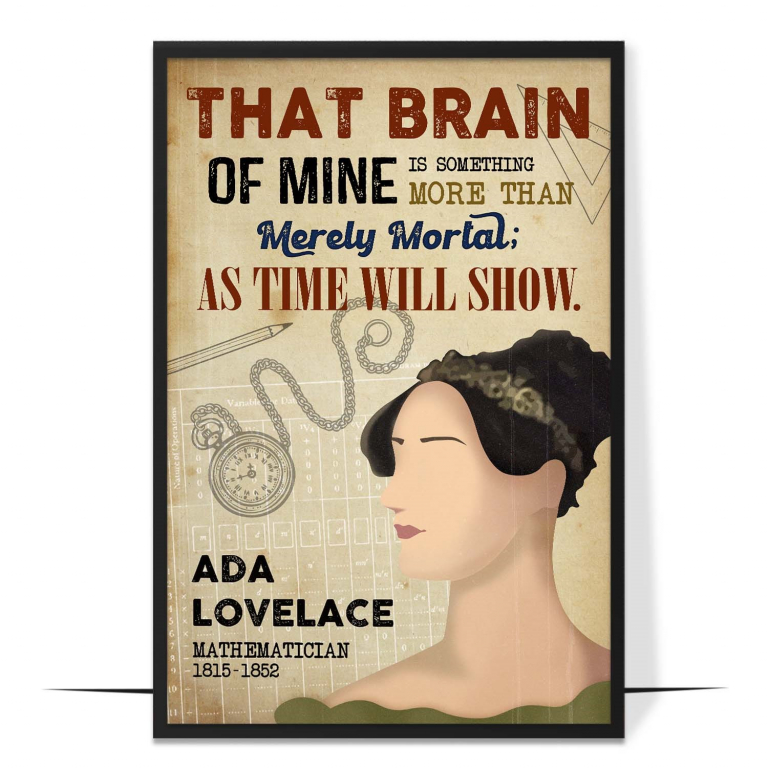 Ada Lovelace hand-drawn portrait poster — A clean faceless portrait in warm tones, celeb