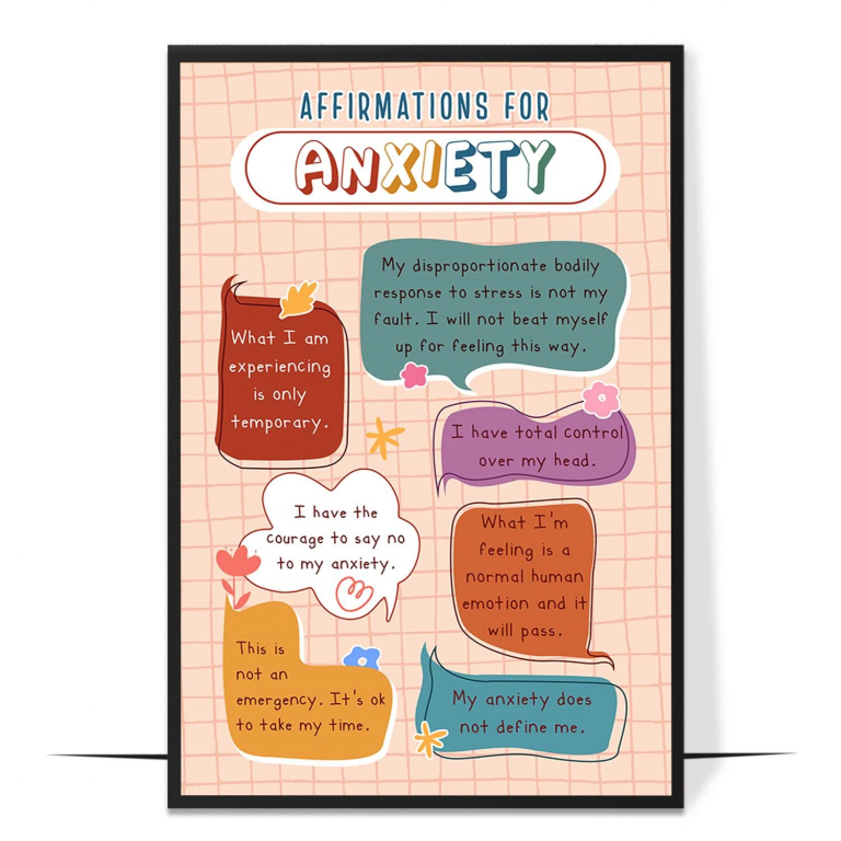 Anxiety affirmations poster — Present-tense affirmations for anxiety — ‘I am safe’, ‘thi