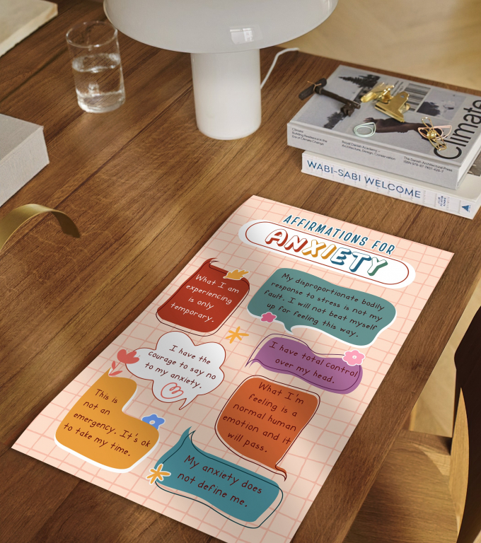 Affirmations for Anxiety anxiety affirmations poster framed and displayed in a counseling office