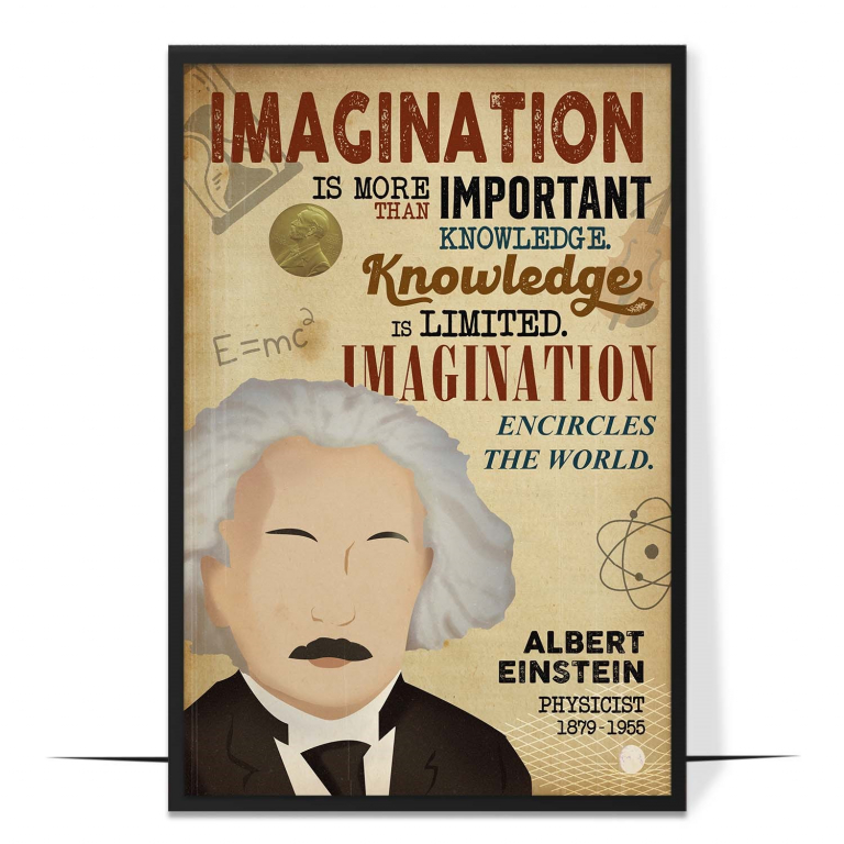 Albert Einstein hand-drawn portrait poster — A spare faceless portrait in warm tones, a cal