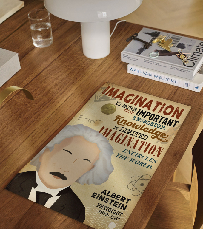 Albert Einstein poster framed and displayed in a classroom