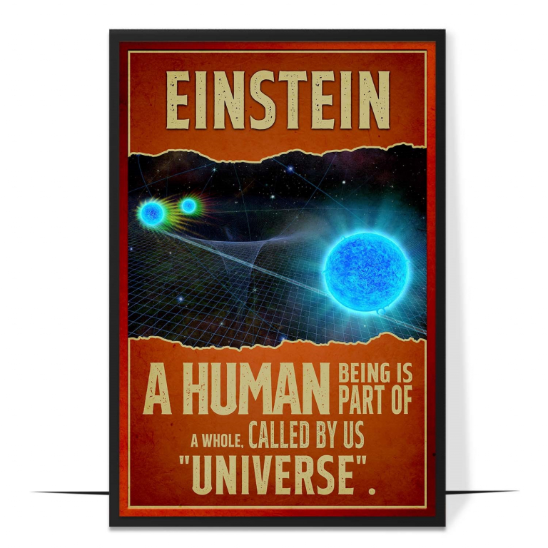 Albert Einstein hand-drawn portrait poster — A spare faceless portrait of Einstein with bol