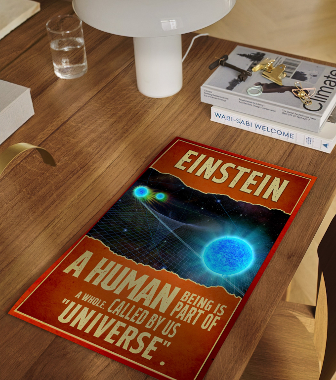 Albert Einstein poster framed and displayed in a classroom