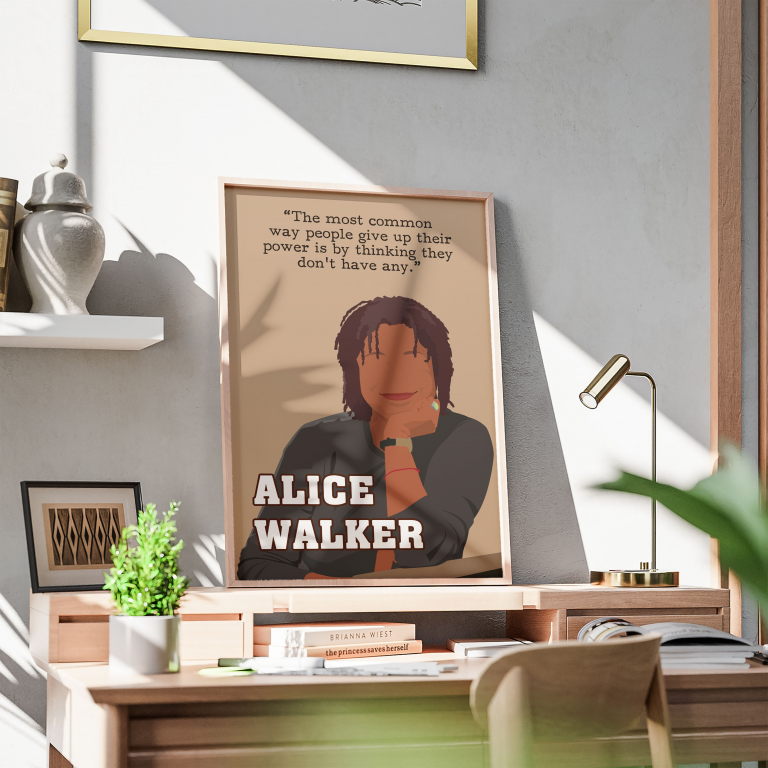 Alice Walker poster framed and displayed in a reading nook