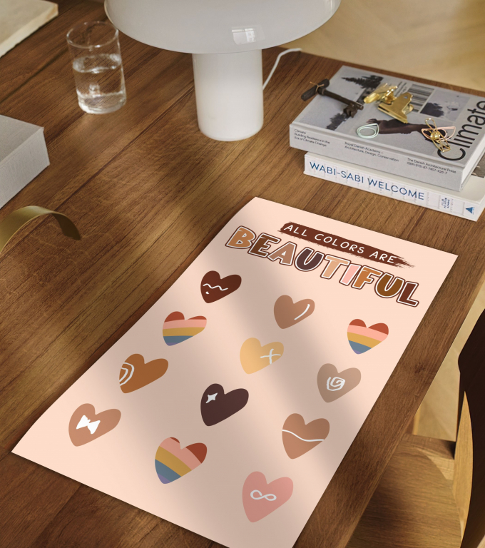All Colors Are Beautiful boho print framed and displayed in a classroom