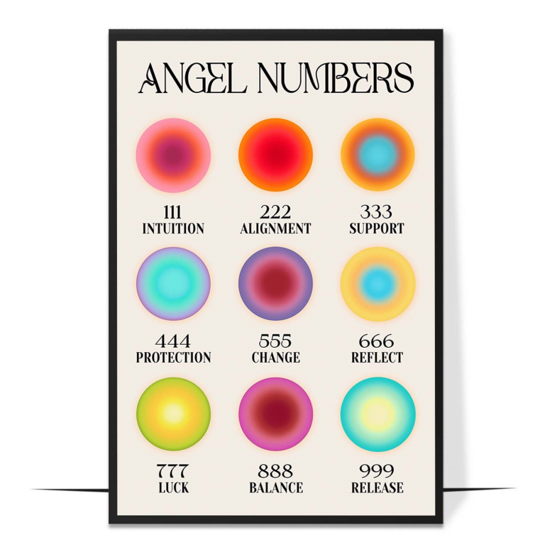 Angel Numbers hand-drawn aura print — A soft gradient backdrop listing the angel num