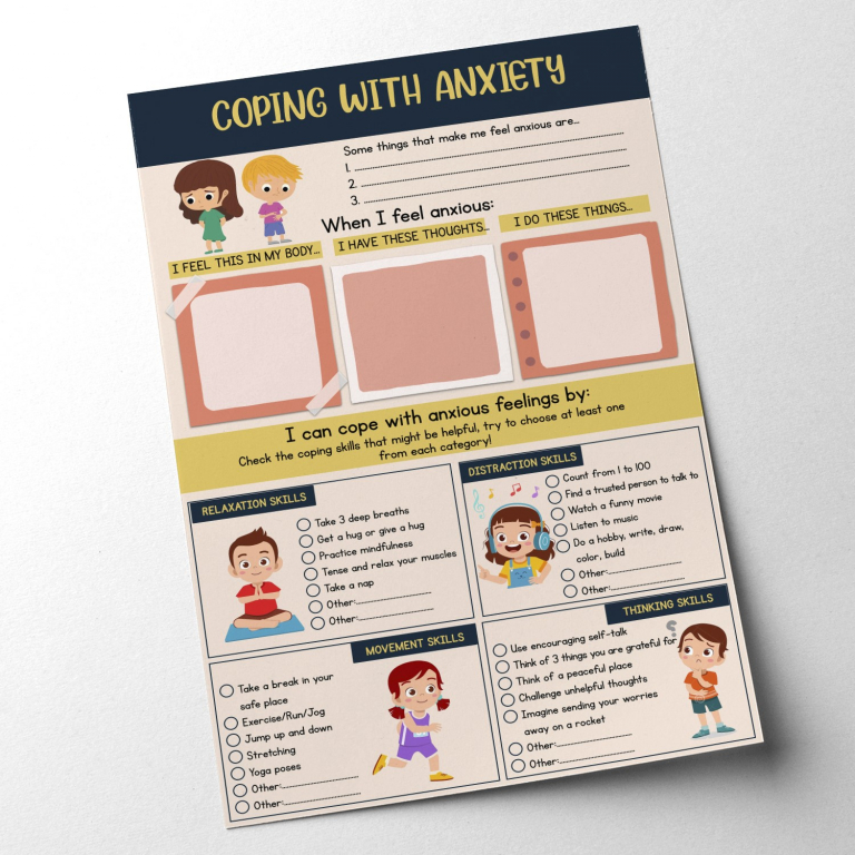 Anxiety coping skills worksheet — Guided fields where a child records the coping skills that