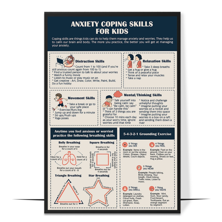 Anxiety coping skills for kids poster — Kid-friendly coping strategies shown with clear, simple vi