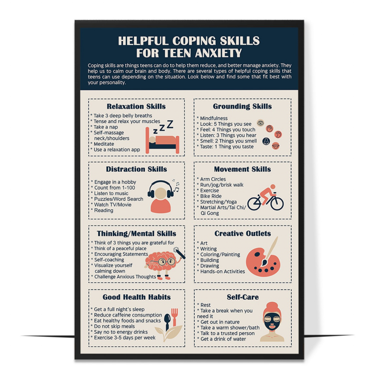Anxiety coping skills for teens poster — Coping strategies framed for teenagers, shown clearly so a
