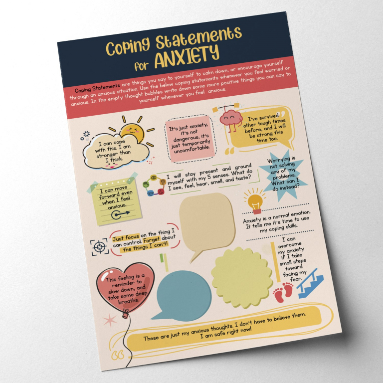 Anxiety coping statements worksheet — Prompts and blank space for clients to collect the coping