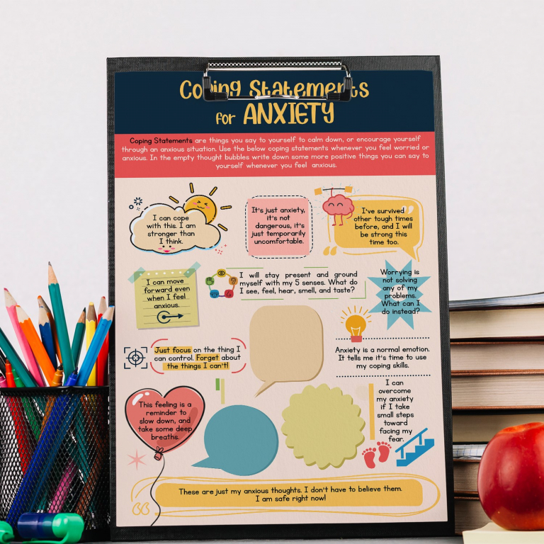 Anxiety Coping Statements Worksheet anxiety coping statements worksheet framed and displayed in a counseling office
