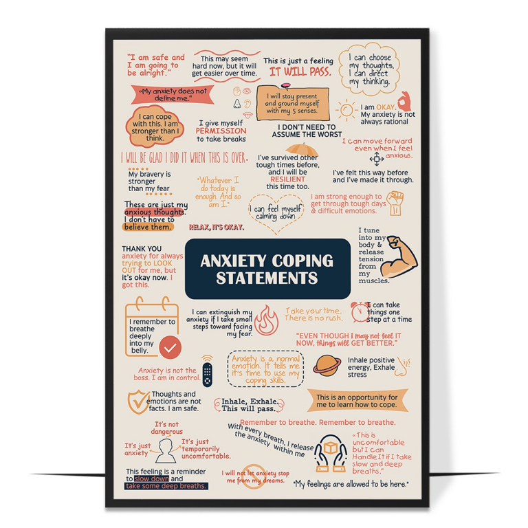 Anxiety coping statements poster — A set of grounding coping statements arranged as a calm, r
