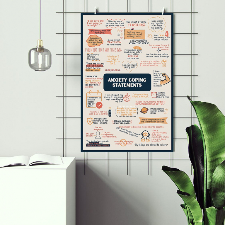 Anxiety Coping Statements anxiety coping statements poster framed and displayed in a counseling office