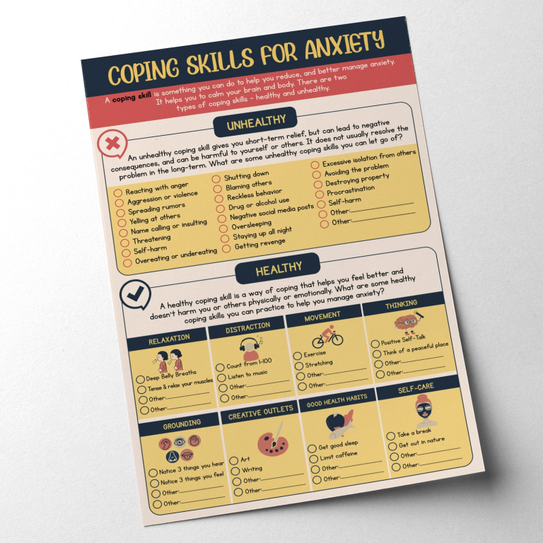 Anxiety management worksheet — Guided sections for naming triggers, spotting body and tho
