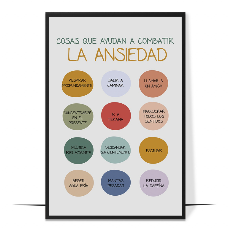Spanish anxiety poster — Practical anti-anxiety strategies laid out in clear Spanis