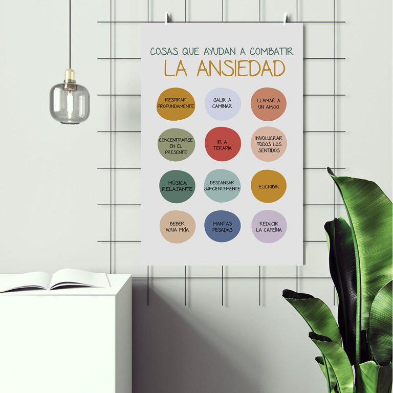 Anxiety (Spanish) Spanish anxiety poster framed and displayed in a counseling office