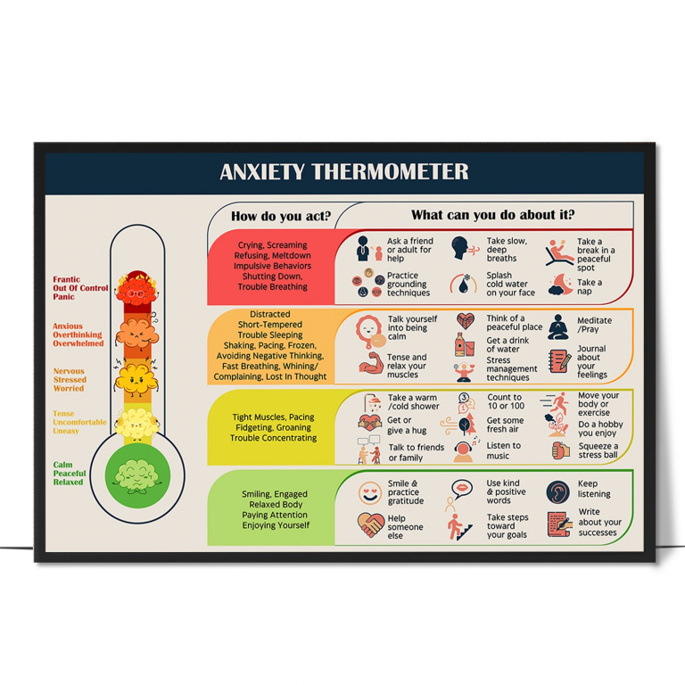 Anxiety thermometer poster — A graduated thermometer from calm to crisis, each level pa