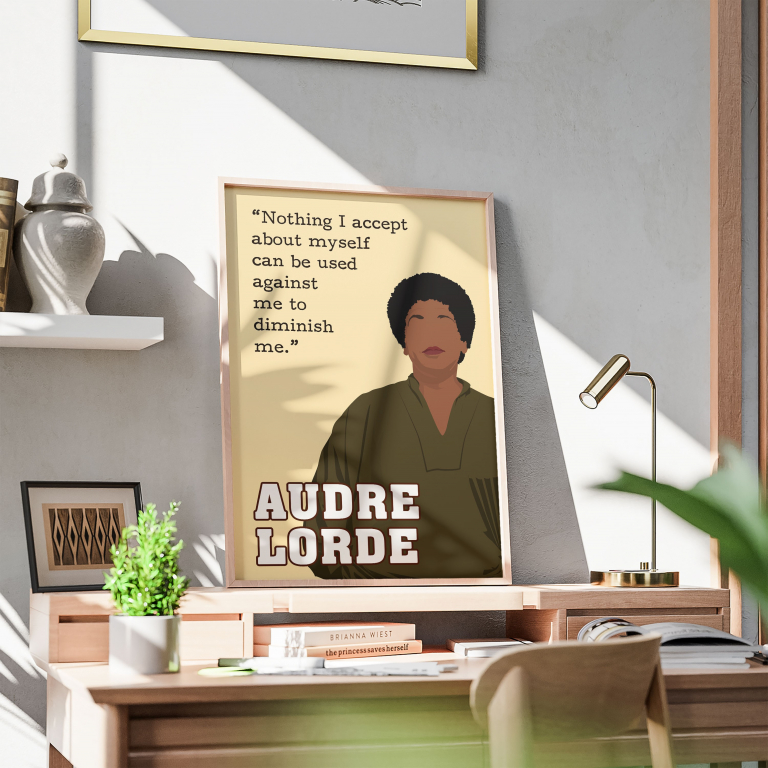 Audre Lorde poster framed and displayed in a reading nook