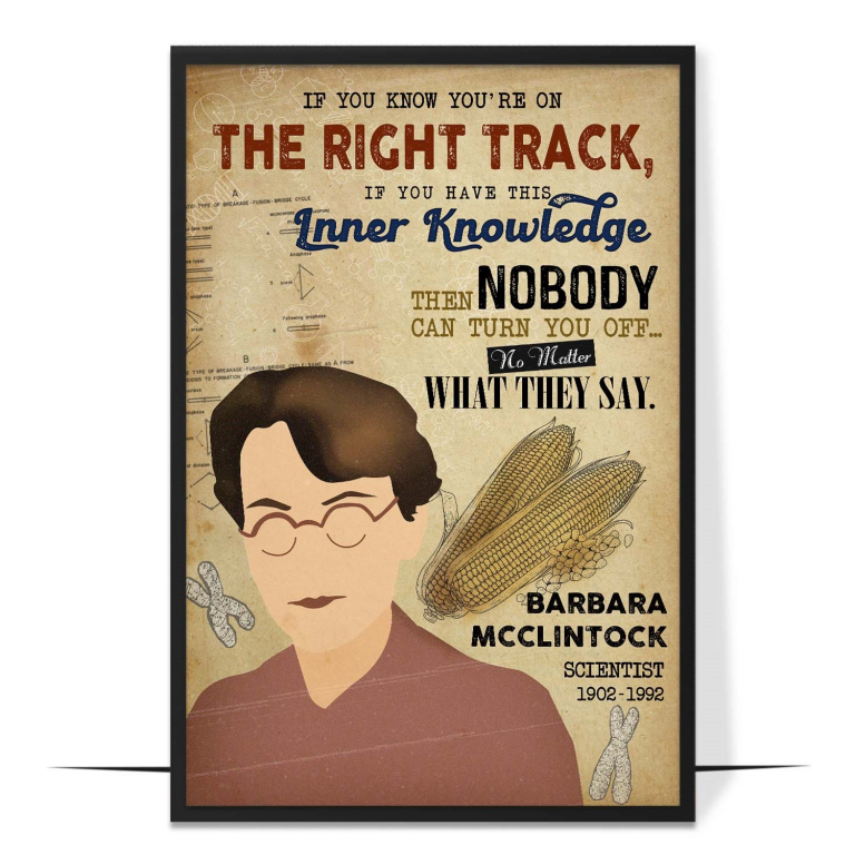 Barbara McClintock hand-drawn portrait poster — A clean faceless portrait in warm tones, honou