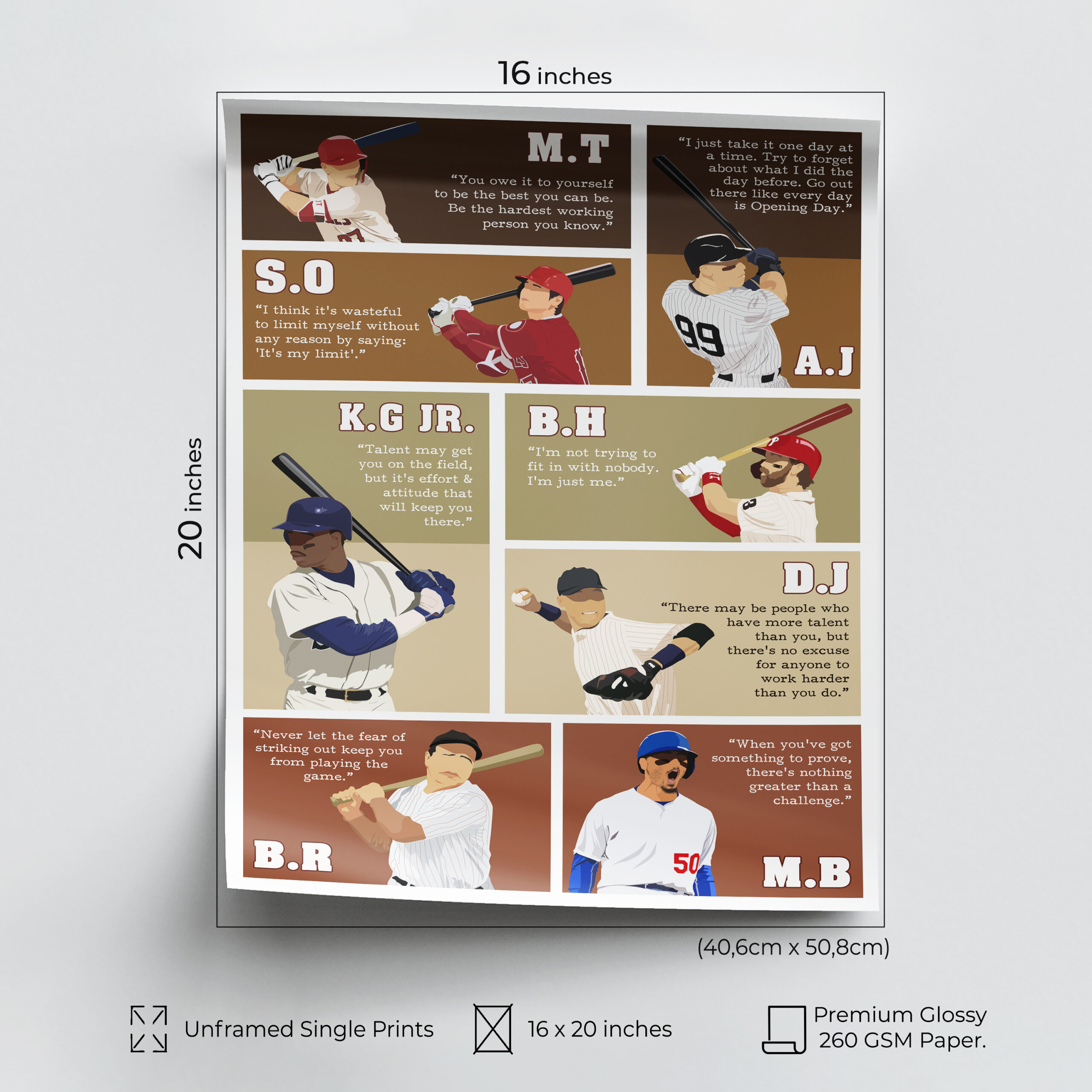 Baseball Superstars Motivational Unframed 16x20in Laminated Hand-drawn Wall Art - Image 2