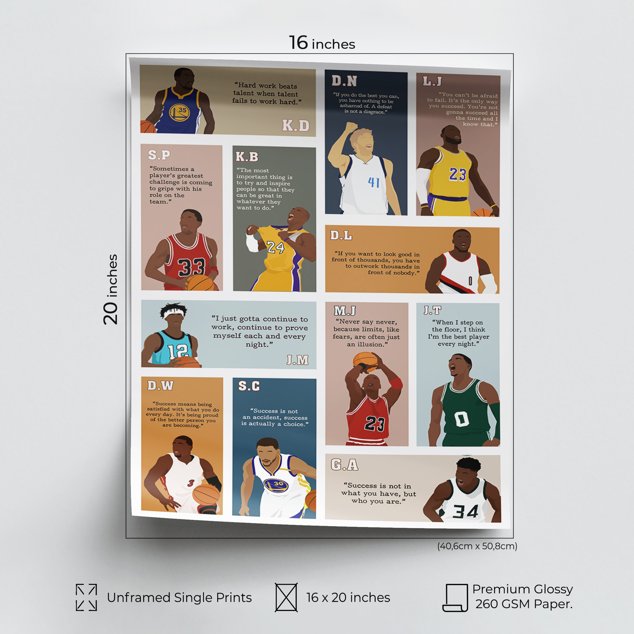 Basketball Superstars Motivational Unframed 16x20in Laminated Hand-drawn Wall Art - Image 2