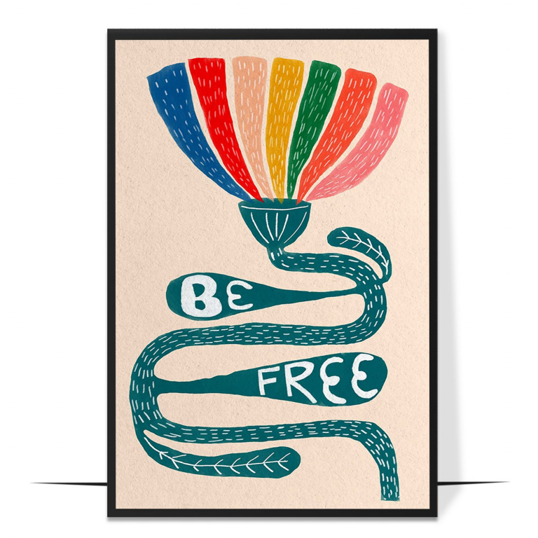Be Free hand-drawn wall art print — A bold, rainbow-bright composition bursting