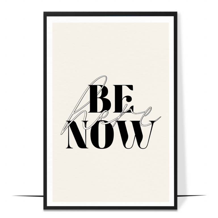 Be Here Now hand-drawn botanical print — Soft botanical leaves framing the words be h