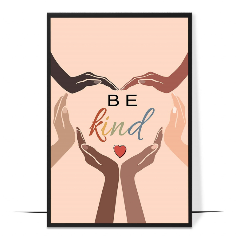 Be Kind hand-drawn boho print — A boho gathering of diverse faces around the h