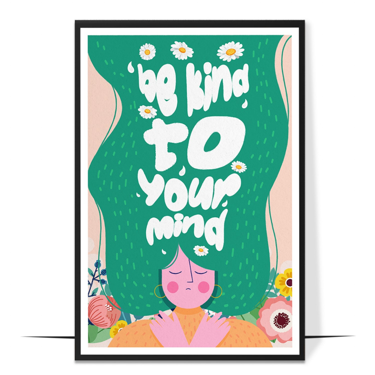 Be Kind to Your Mind hand-drawn wall art print — A cheerful, rainbow-bright composition frami