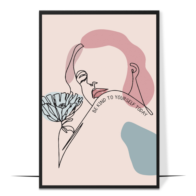 Be Kind to Yourself wall art — minimalist one-line drawing of a woman in soft pink and blue with a self-love message