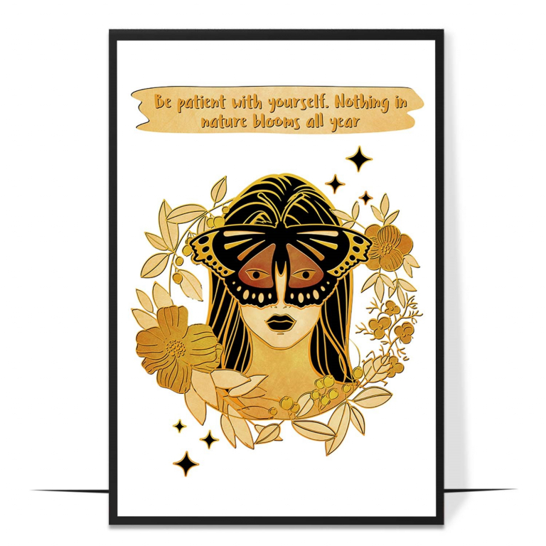 Be Patient with Yourself hand-drawn wall art print — A tender celestial hippie figure surrounded