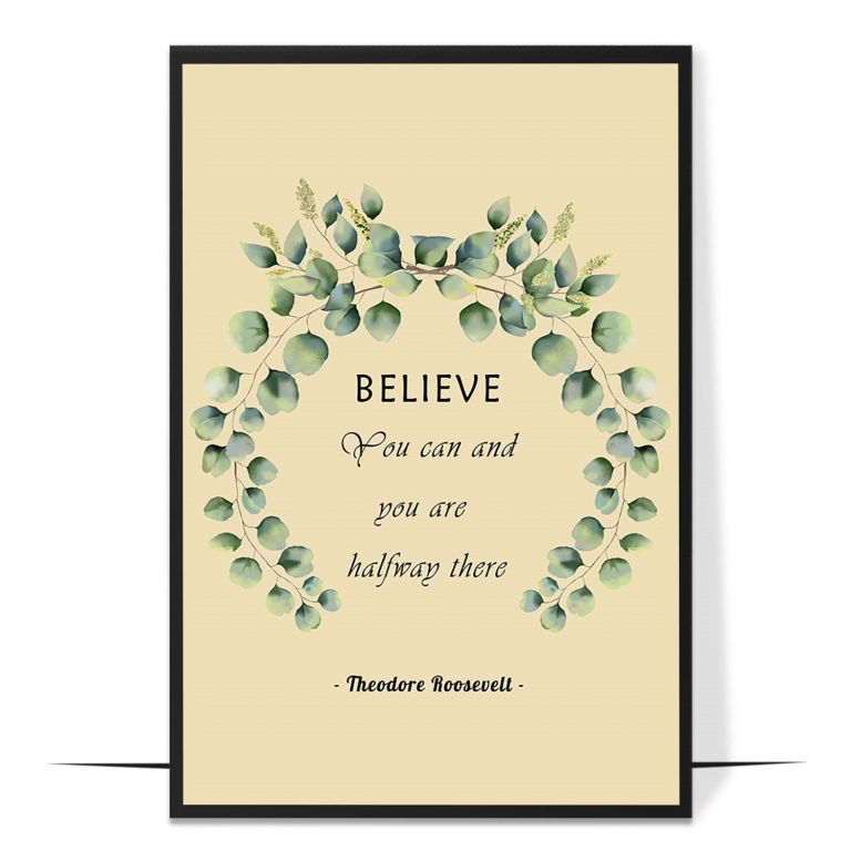 Believe hand-drawn botanical print — Soft botanical leaves framing the word 'beli