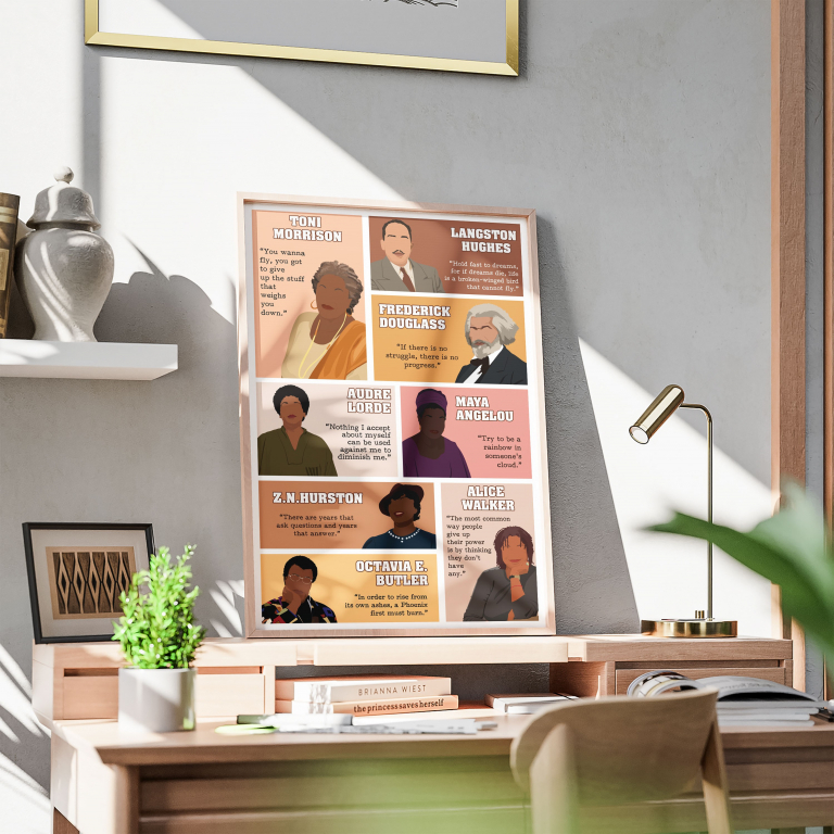 Black Authors poster framed and displayed in a reading nook