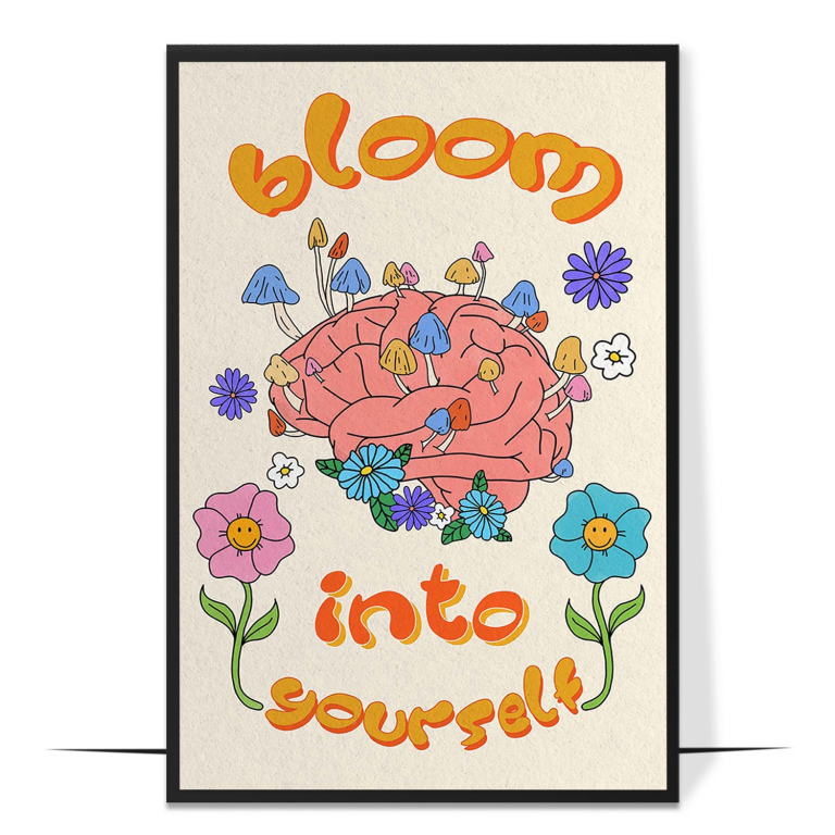 Bloom Into Yourself hand-drawn wall art print — A bold, rainbow-bright bloom of flowers fram