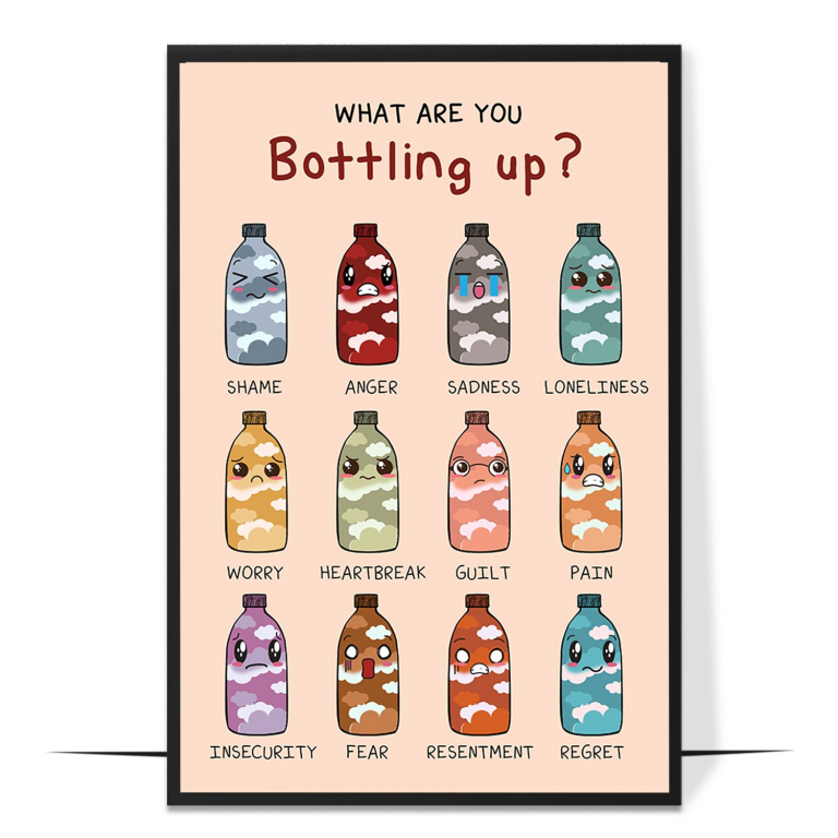 Bottling up feelings poster — The image of bottled-up feelings building pressure, pa