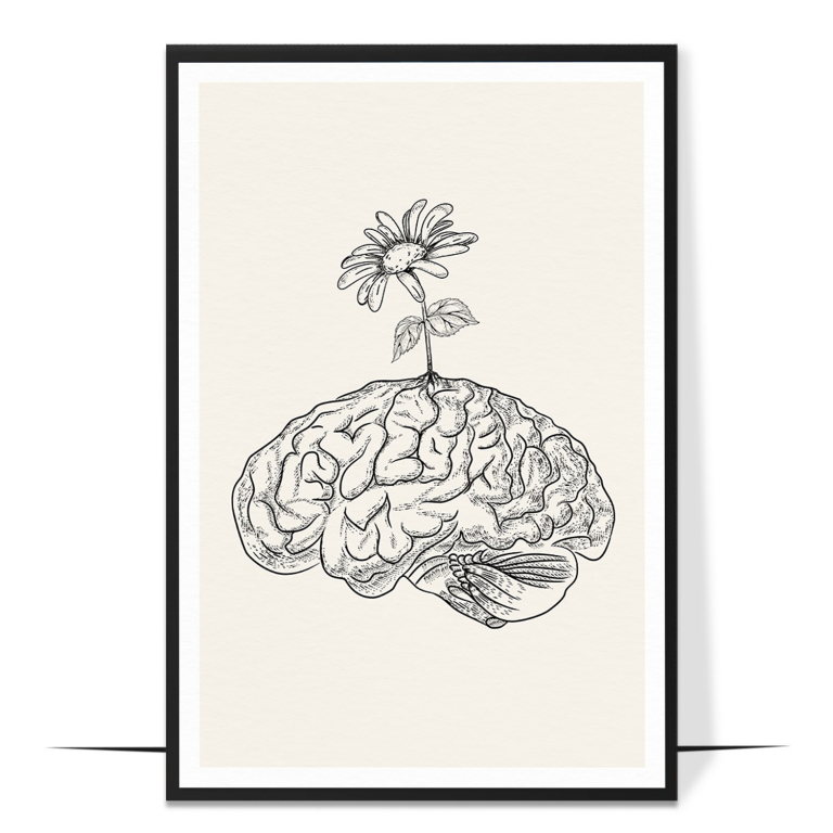 Brain Bloom hand-drawn botanical print — An anatomical brain rendered in soft botanic