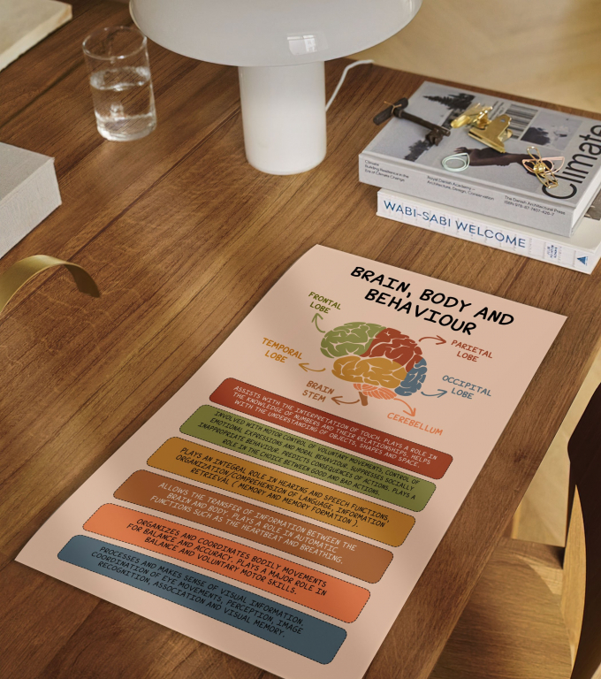 Brain, Body and Behaviour boho print framed and displayed in a classroom