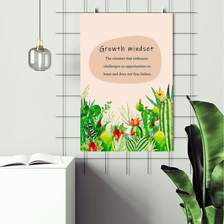 Cactus Growth print framed and displayed in a classroom