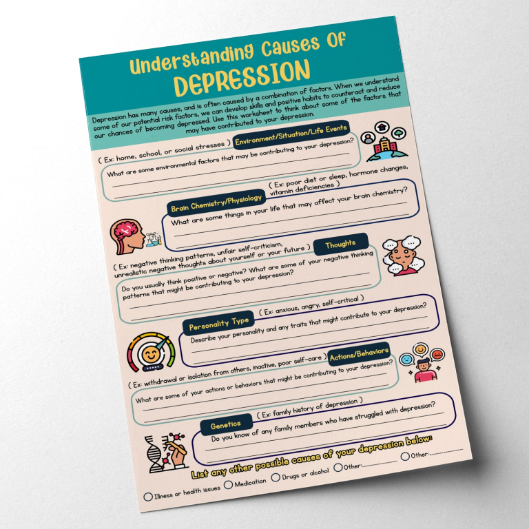 Causes of Depression hand-drawn therapy print — A hand-drawn fillable layout with prompts and